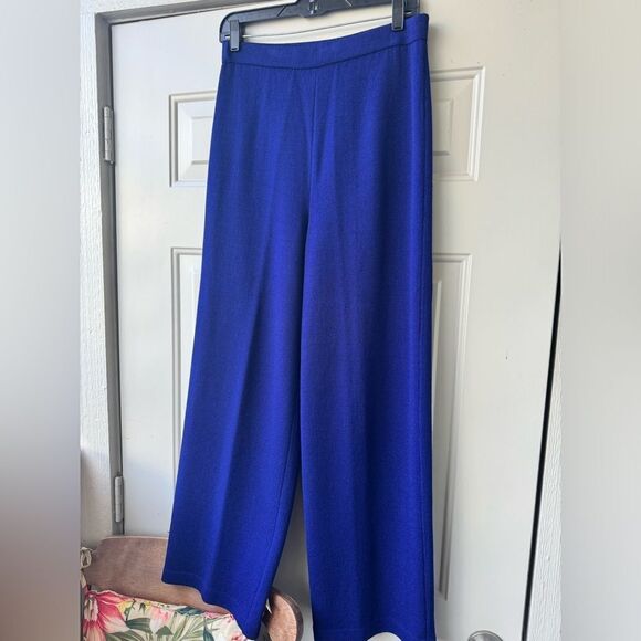 St.John 2-piece Suite Sapphire Blue Wool Blend Knit Duster,Silk Ruffle and Pants - Picture 5 of 16